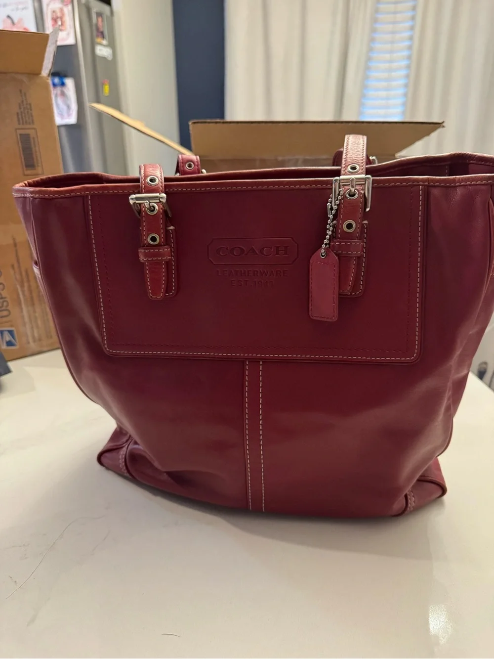 Coach Hampton  cherry Leather Tote with Dual Top Handles